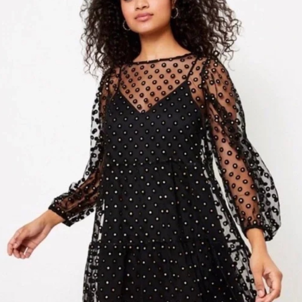 🔥 🔥 Fall Sale! LOFT Black Sheer Shimmer Gold Dot Tiered